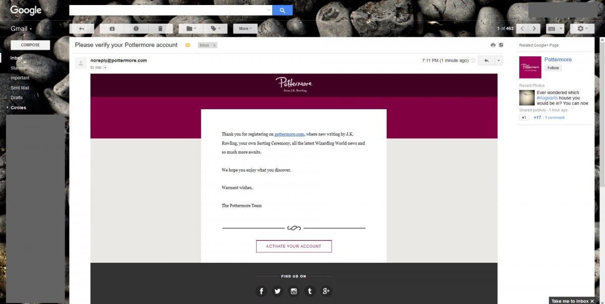 ตัวอย่างจดหมายที่ส่งให้เราทาง email เพื่อให้เรายืนยันตัวตนกับ Pottermore
