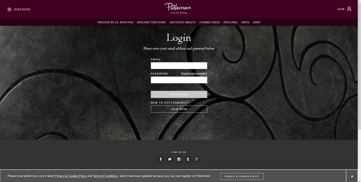 Pottermore Login Page