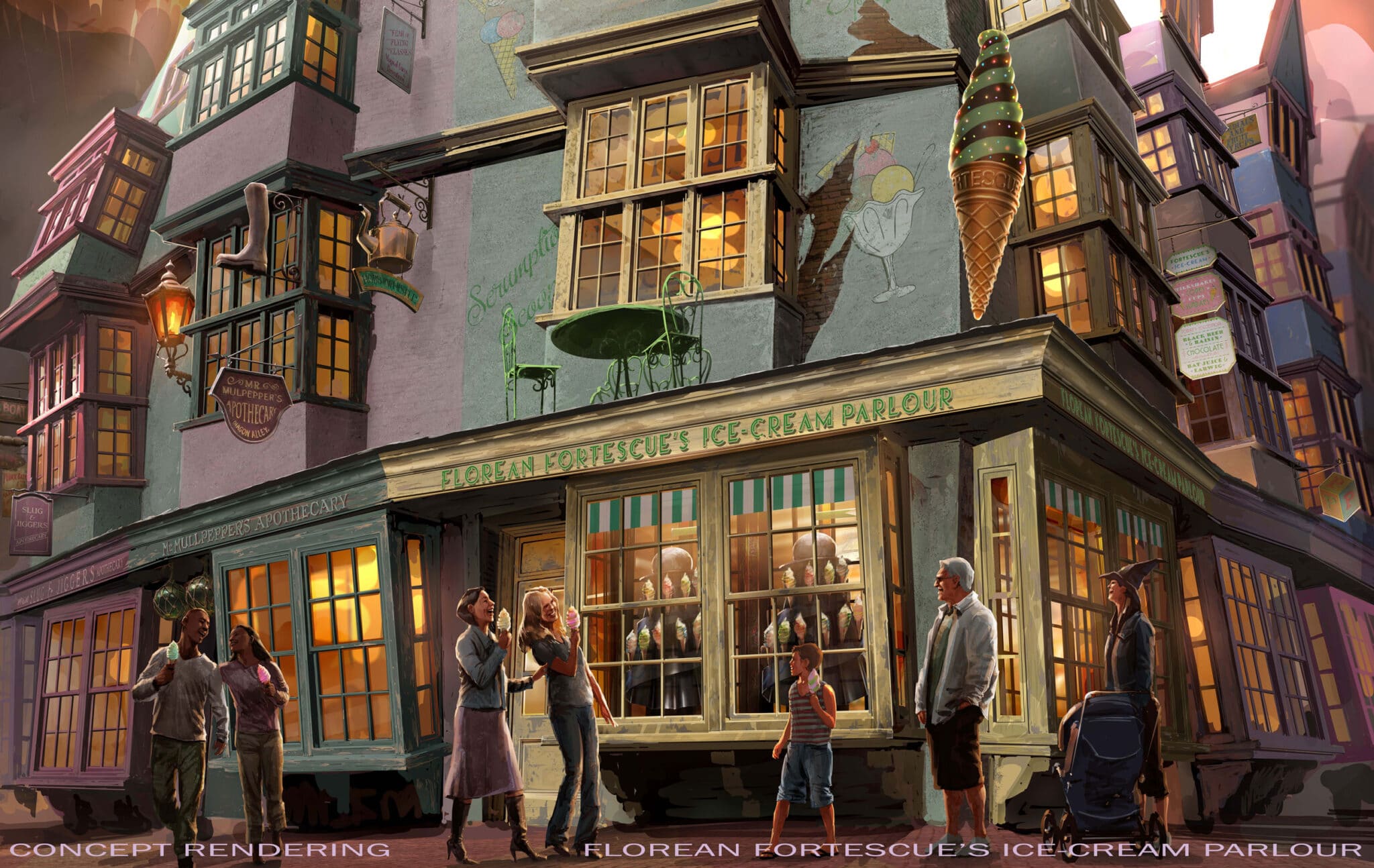 ภาพคอนเซปต์ร้านไอศกรีมของฟลอเรียน ฟอร์เตสคิว ที่ขายในสวนสนุก Universal Studios โซน Wizarding World of Harry Potter ที่อเมริกา